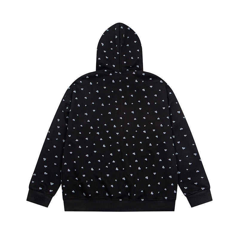 Damen Kapuzen-Sweatjacke mit durchgehendem Reißverschluss, Allover-Herzprint und Statement-Stickerei Nord Taschen
