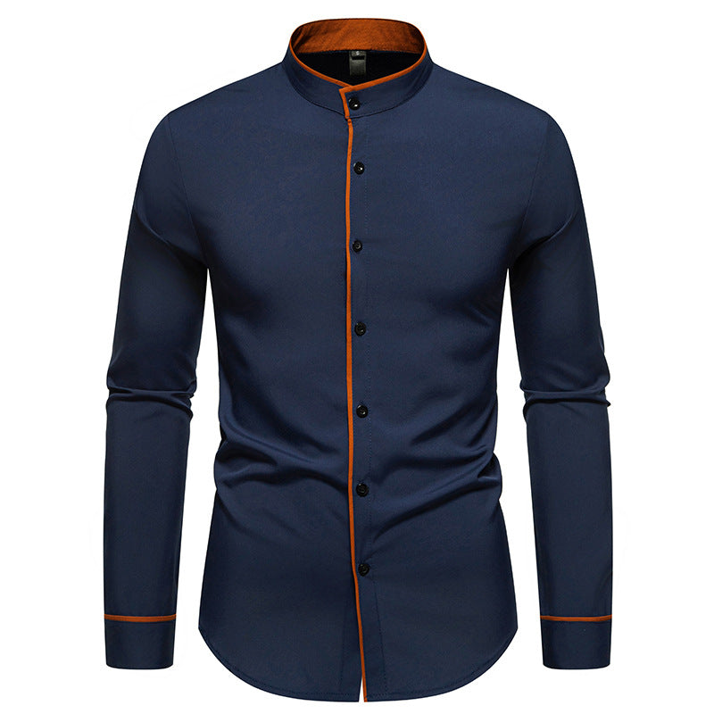 Herren Langarmhemd mit modernem Stehkragen und gesticktem Detail