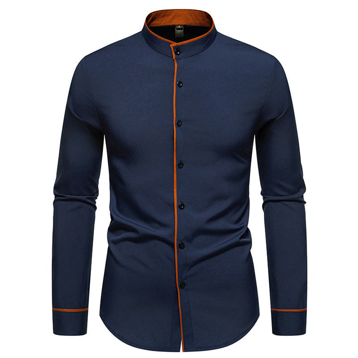 Herren Langarmhemd mit modernem Stehkragen und gesticktem Detail