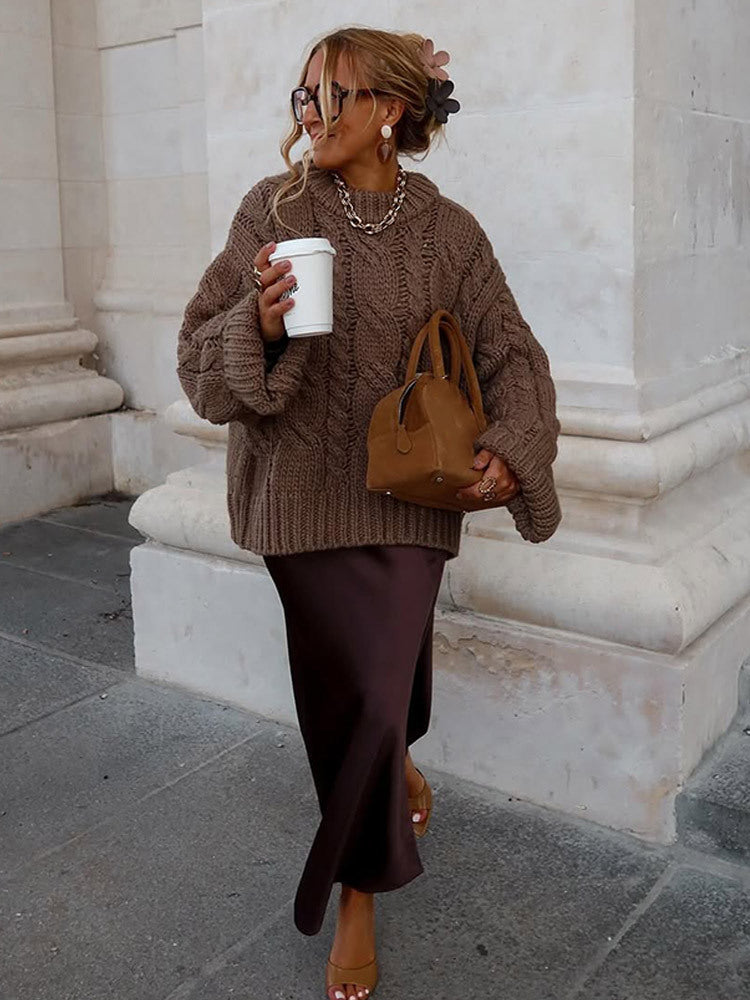 Damen Oversize Grobstrickpullover mit Zopfstrick, hohem Kragen und verlängerten Ärmeln Nord Taschen
