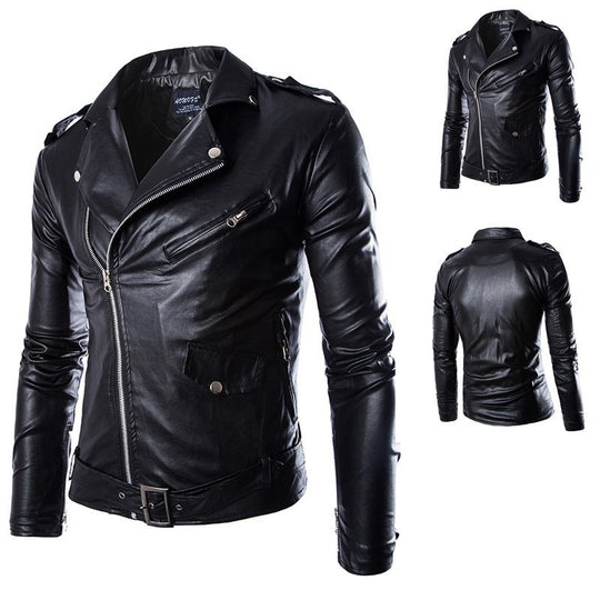 Herren Biker-Lederjacke im Slim-Fit mit asymmetrischem Reißverschluss und Taillengürtel Nord Taschen