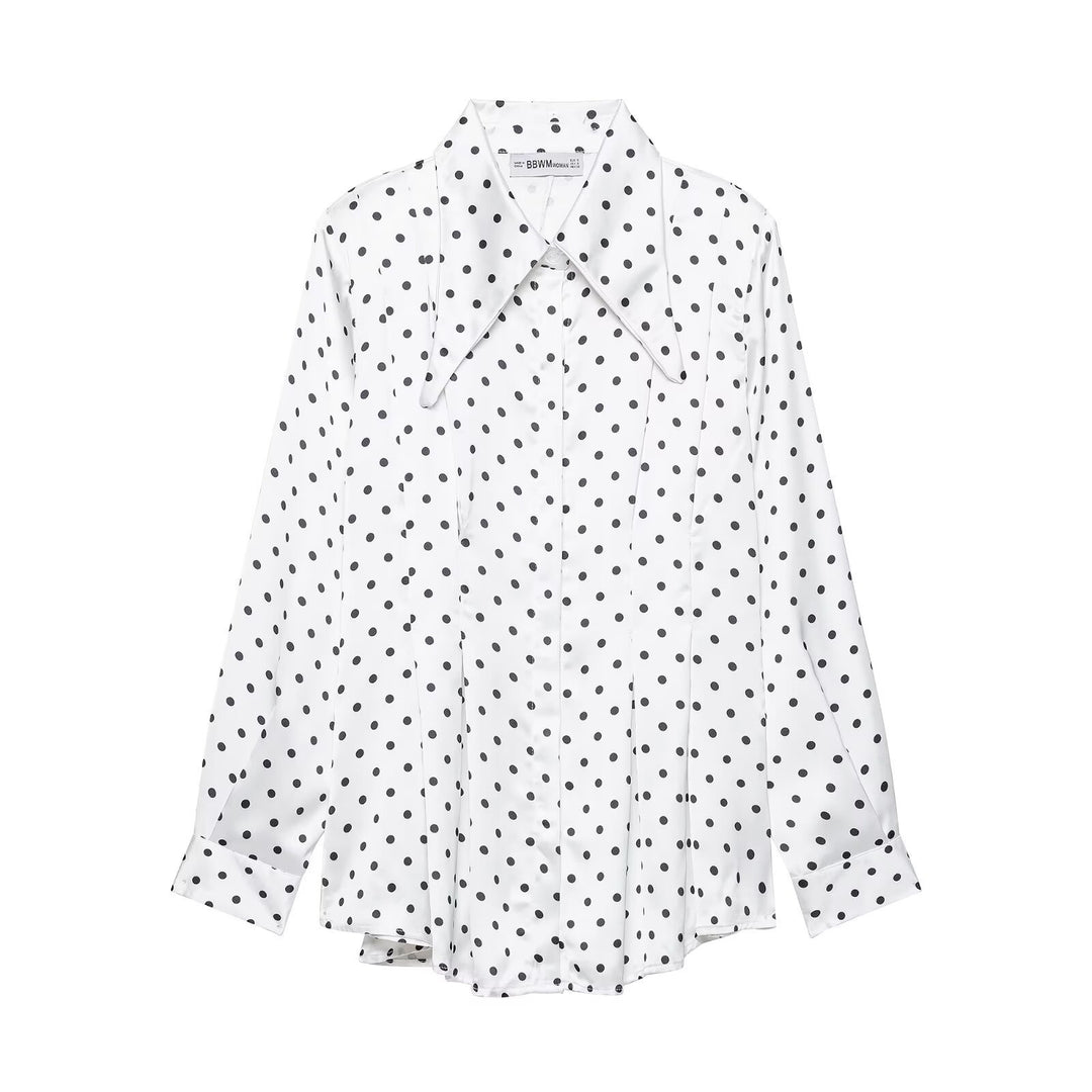 Damen Satinbluse mit übergroßem spitzen Hemdkragen, Faltenpartie und Pünktchen-Print Nord Taschen