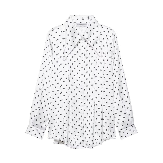 Damen Satinbluse mit übergroßem spitzen Hemdkragen, Faltenpartie und Pünktchen-Print Nord Taschen