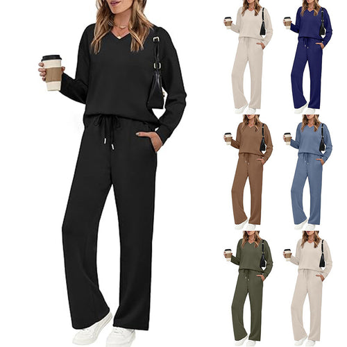 Damen Lässiges Lounge-Set mit V-Ausschnitt-Sweatshirt und weiten Tunnelzug-Hosen Nord Taschen