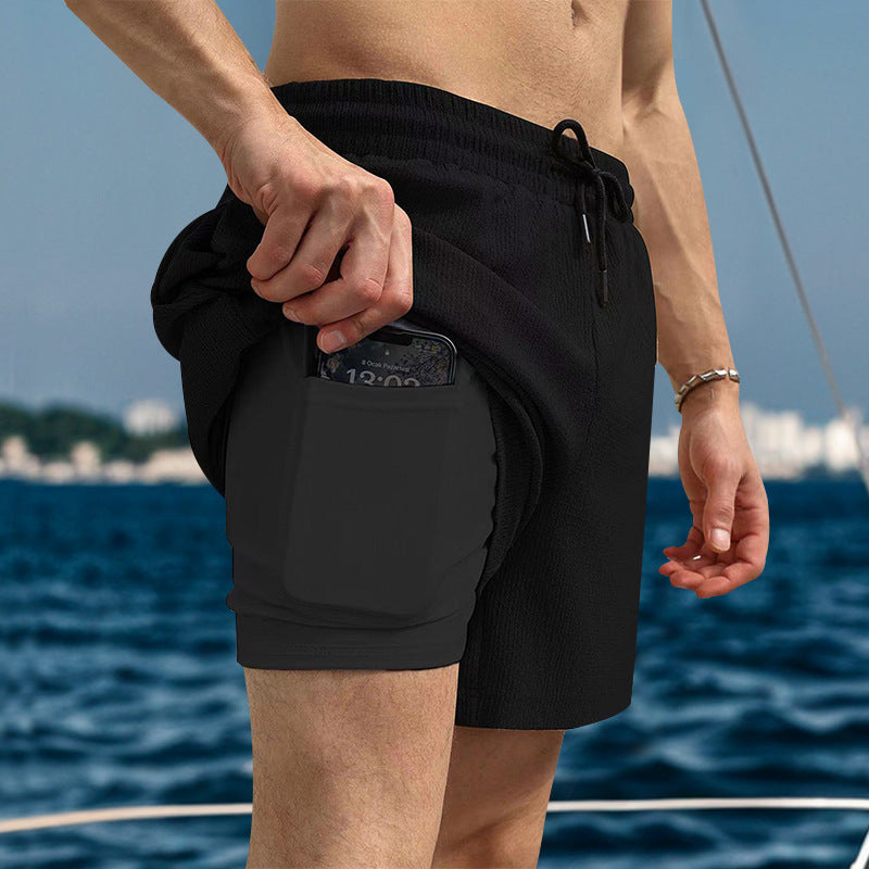 Herren nan zweilagige Badeshorts mit integrierter Kompressions-Innenhose und versteckter Handytasche