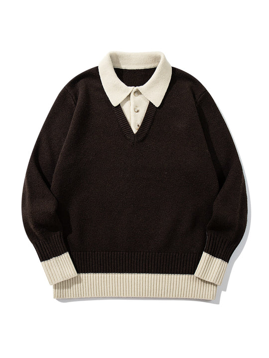 Herren Polokragen-Strickpullover mit Knopfleiste und kontrastierten Bündchen Nord Taschen