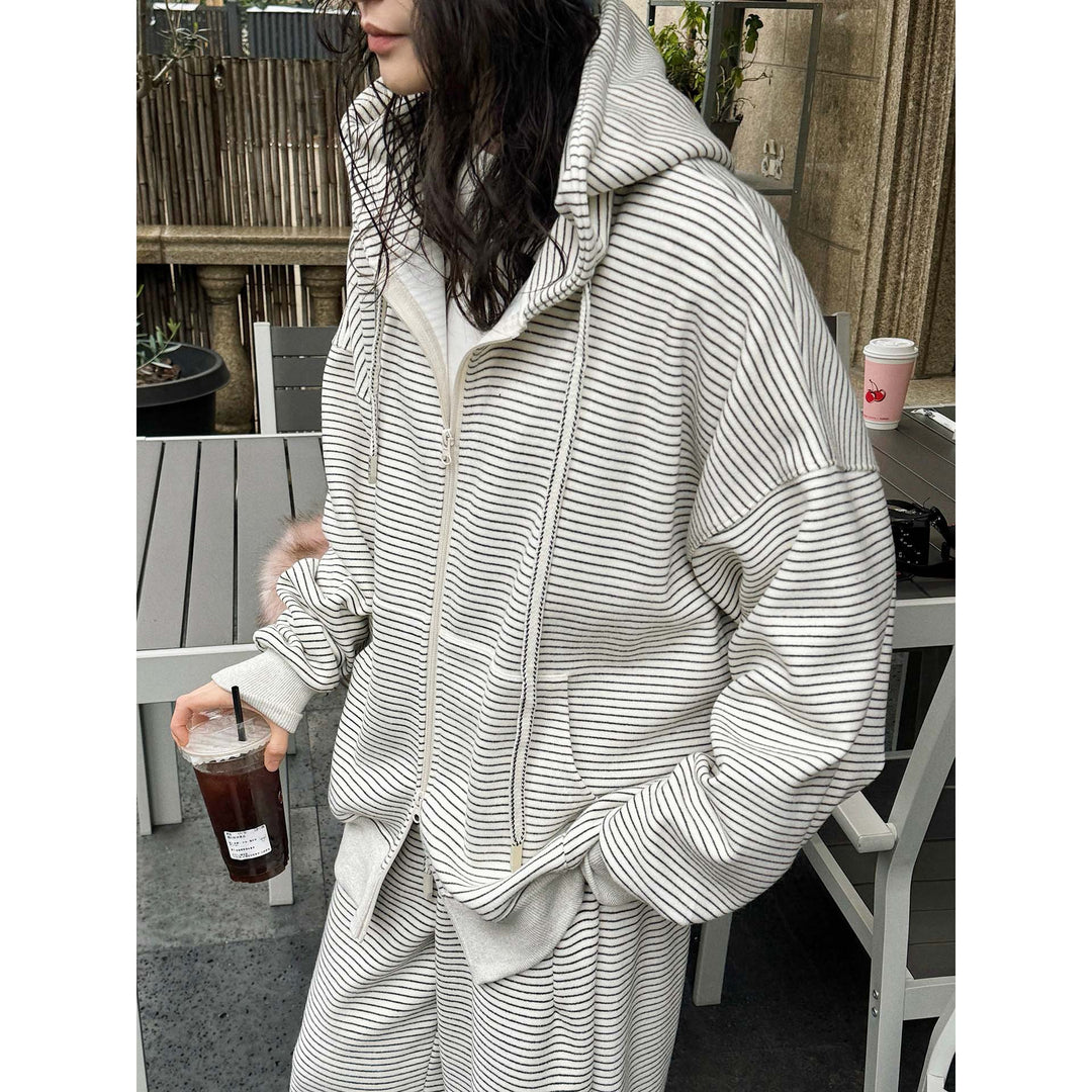 Damen Oversize Kapuzenjacke mit Reißverschluss und feinem Streifenmuster Nord Taschen