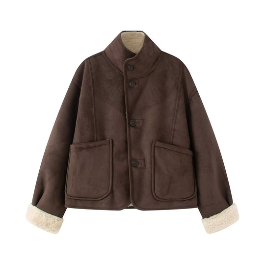 Damen Kurze Schaffelloptik-Jacke mit Stehkragen und großen aufgesetzten Taschen Nord Taschen