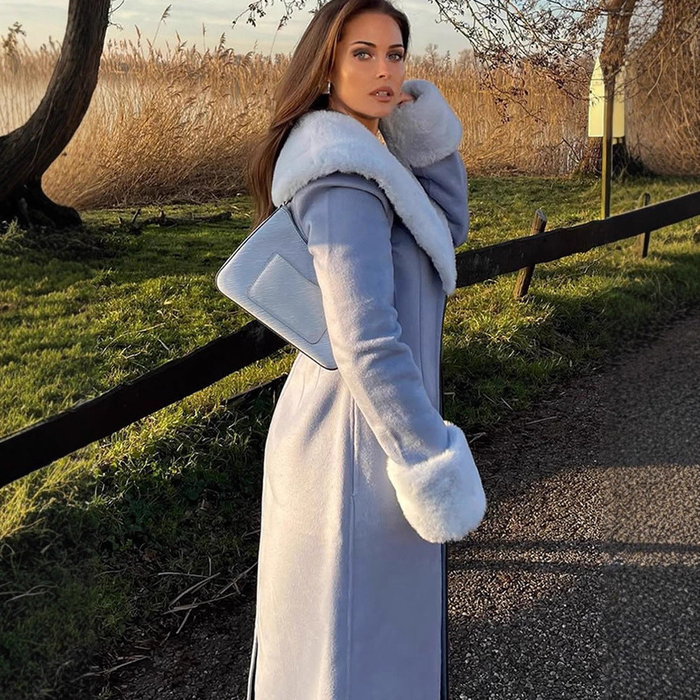 Damen Eleganter lang geschnittener Mantel aus Velours‑Optik mit voluminösem Kunstfell‑Schalkragen Nord Taschen