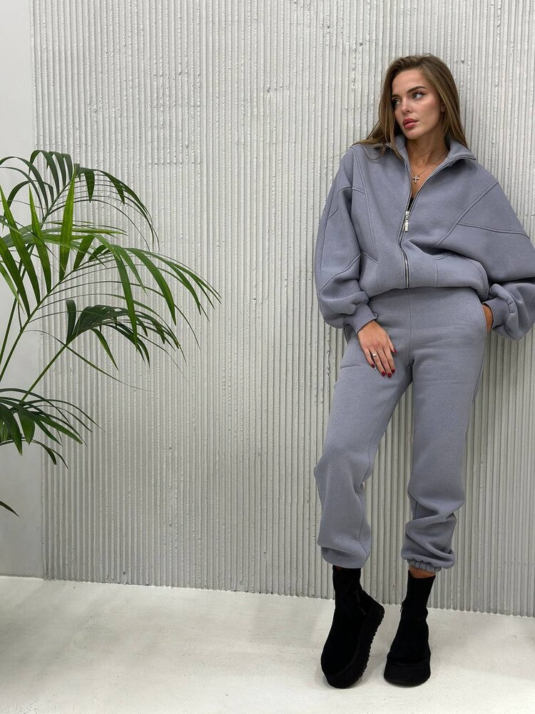 Damen Oversize-Halbzip-Sweatjacke mit sculptender High-Waist-Jogginghose aus schwerem French-Terry Nord Taschen