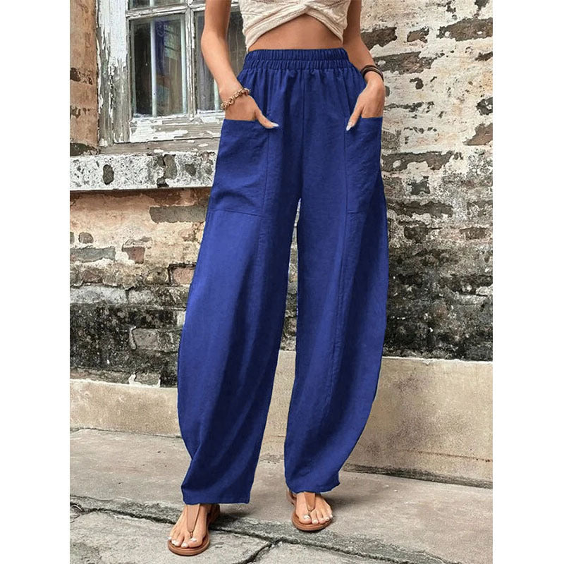 Damen Leichte Leinenhose mit weitem Bein, hohem elastischem Bund und aufgesetzten Taschen Nord Taschen