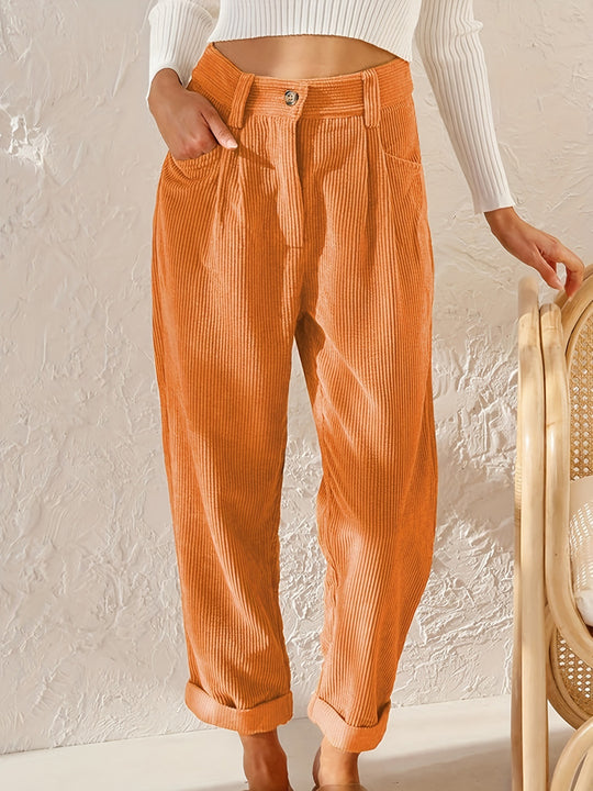 Damen lässige Cordhose mit hoher Taille, lockerer Tapered-Passform und umgeschlagenem Saum Nord Taschen