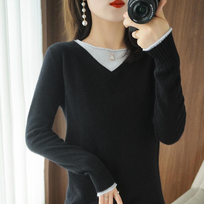 Damen Weicher V‑Ausschnitt-Pullover aus Kaschmir‑Look mit kontrastierter Kantenverzierung Nord Taschen