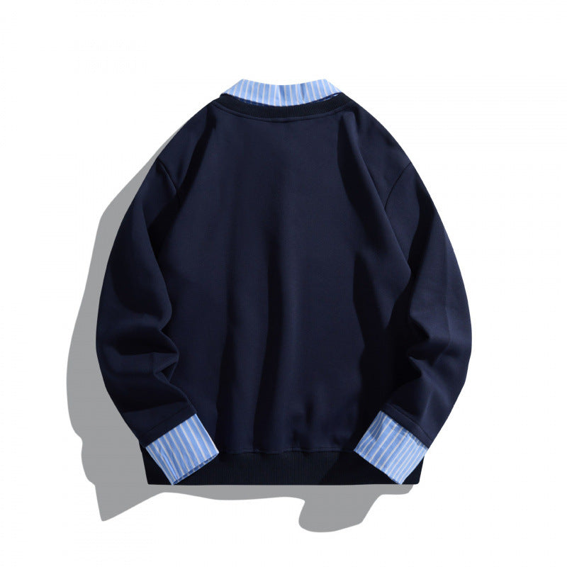 Unisex Lagenlook Sweatshirt mit V-Ausschnitt, integriertem Hemdkragen und gestreiften Manschetten Nord Taschen