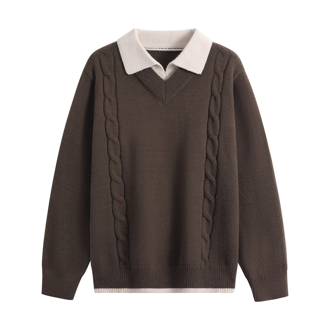 Damen Oversize-Pullover mit V-Ausschnitt, kontrastierendem Polokragen & Zopfstrick-Details Nord Taschen