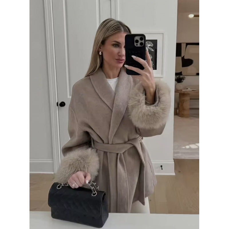 Damen Kurzer Wollmix‑Mantel mit Schalkragen, Bindegürtel und flauschigen Manschetten Nord Taschen
