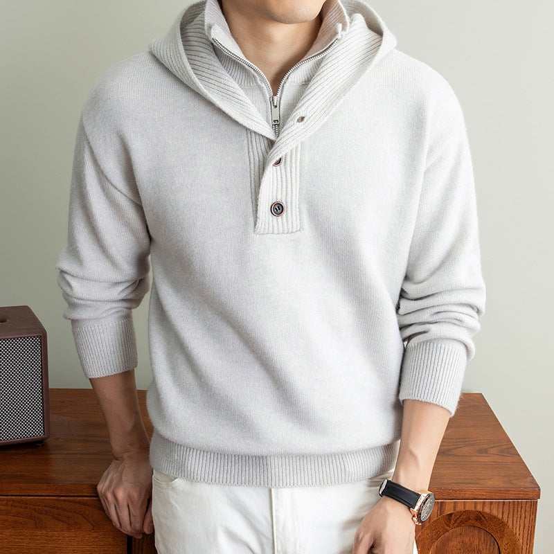 Herren Feinstrick-Kapuzenpullover mit halbem Reißverschluss und Knopfblende Nord Taschen