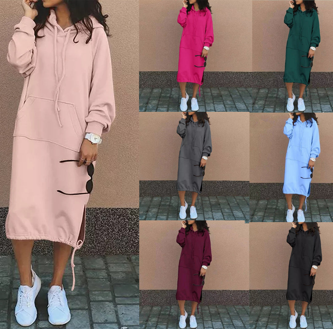 Damen Oversize Hoodie-Midikleid mit Tunnelzugsaum und seitlichen Schlitzdetails Nord Taschen