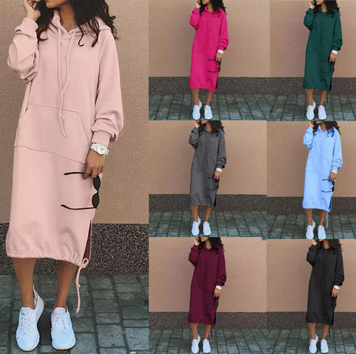 Damen Oversize Hoodie-Midikleid mit Tunnelzugsaum und seitlichen Schlitzdetails Nord Taschen