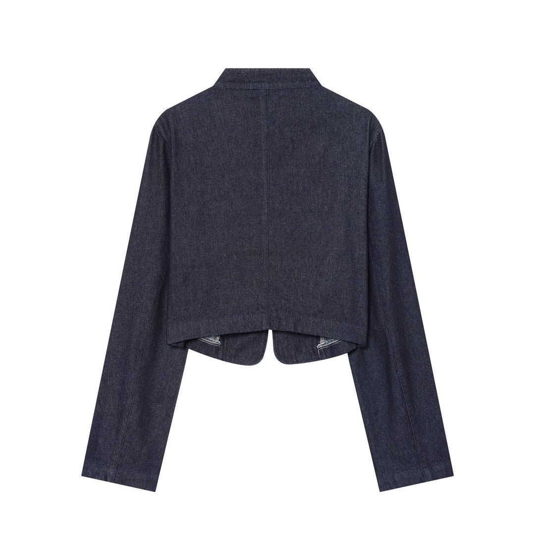 Damen Cropped Denim‑Militärjacke mit Stehkragen und dekorischer Zierknopfleiste Nord Taschen