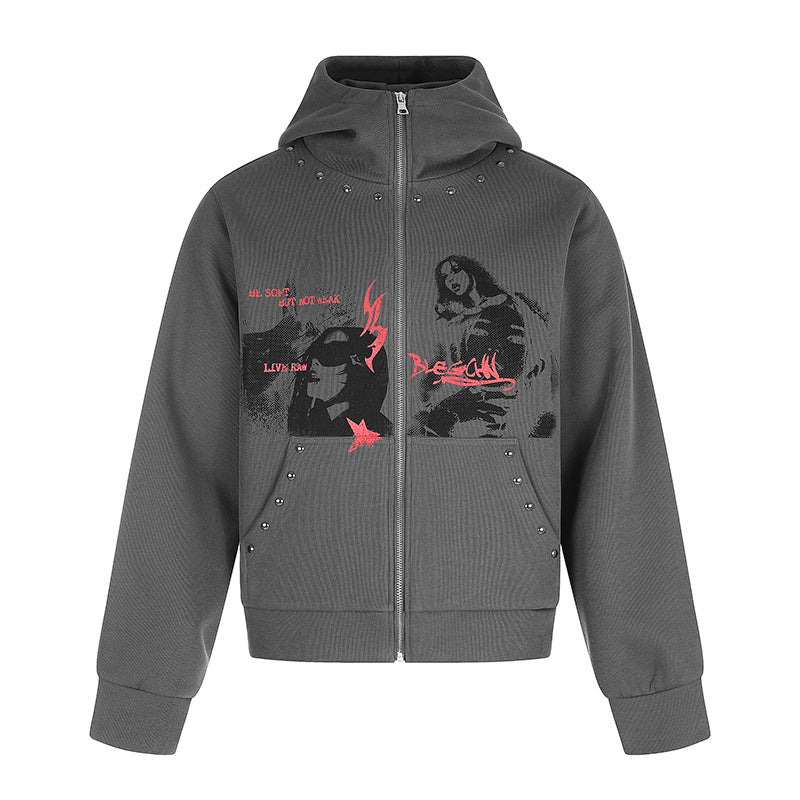 Damen Kapuzen-Zipjacke mit Nietenverzierung, Artwork-Frontprint und Kängurutaschen Nord Taschen