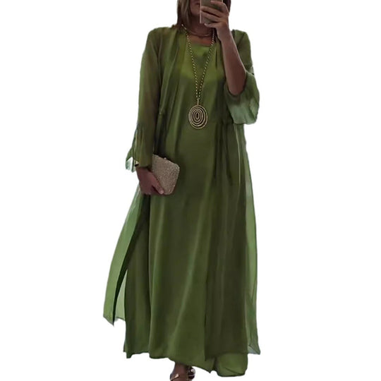 Damen nan elegante Lagen-Abendrobe mit gefüttertem Innenkleid, transparentem Chiffon-Überwurf und taillenverstellbaren Bändern