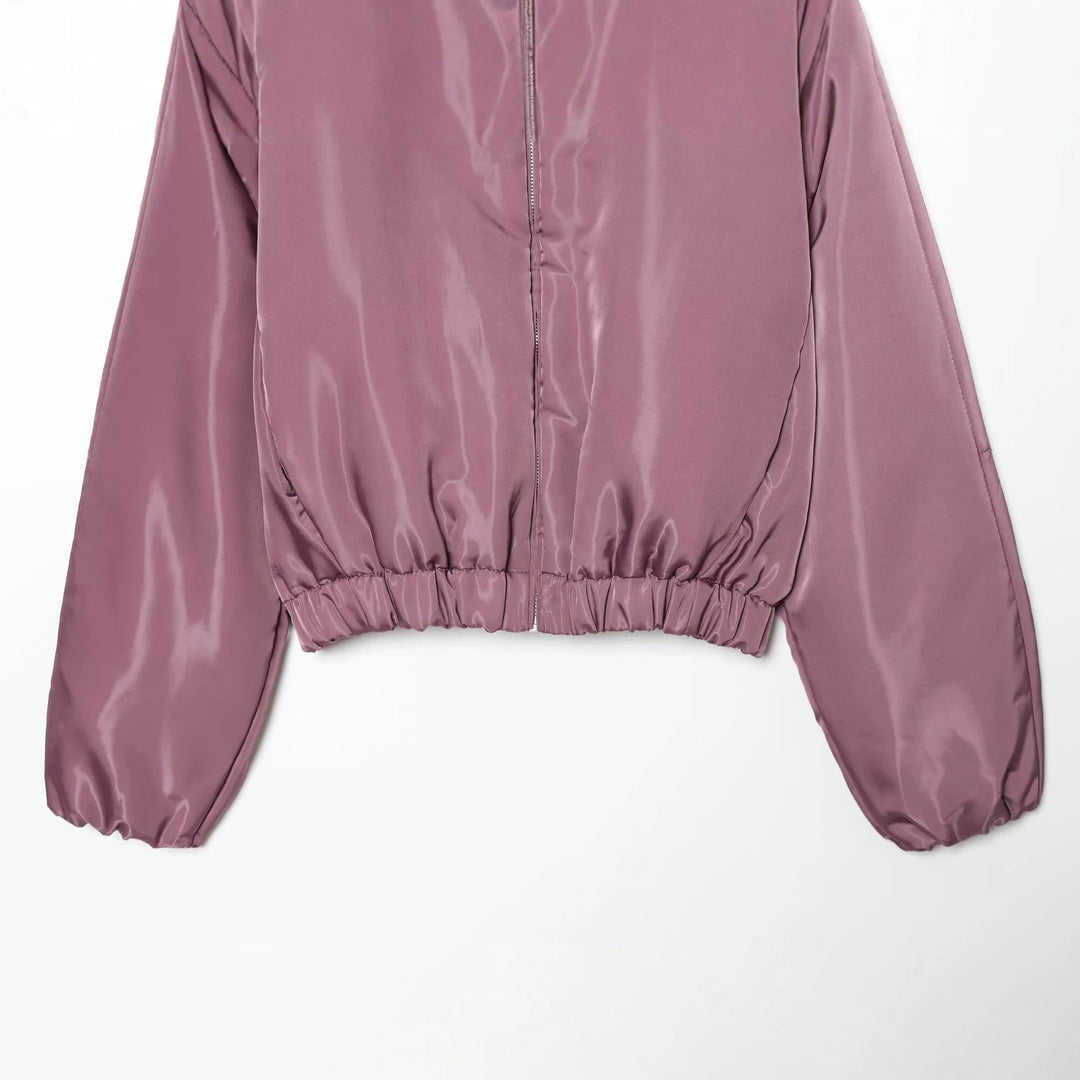 Damen Glänzende Cropped Bomberjacke mit Stehkragen und elastischem Bund Nord Taschen