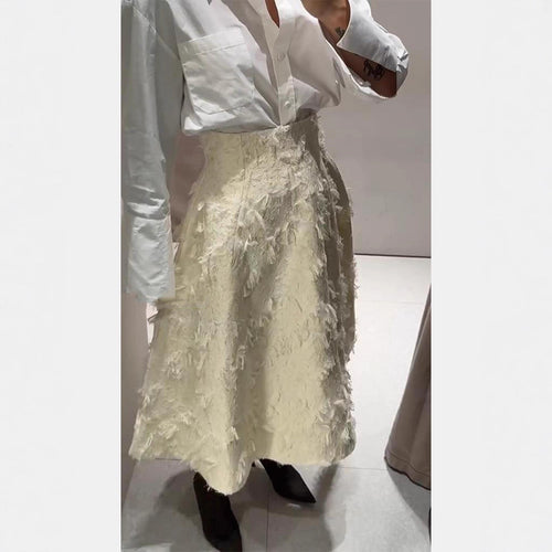 Damen Midirock mit hoher Taille und fransiger Struktur Nord Taschen