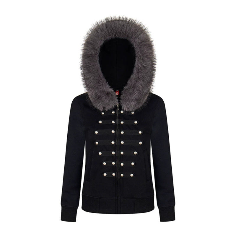 Damen Kapuzen‑Sweatjacke mit Kunstfellbesatz und militärischer Zierknopfreihe Nord Taschen