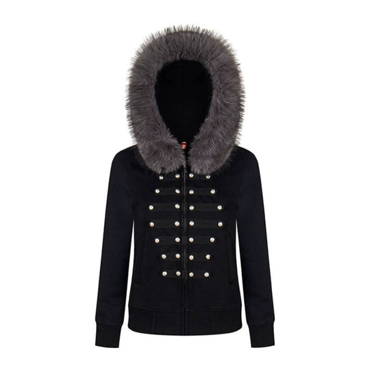 Damen Kapuzen‑Sweatjacke mit Kunstfellbesatz und militärischer Zierknopfreihe Nord Taschen