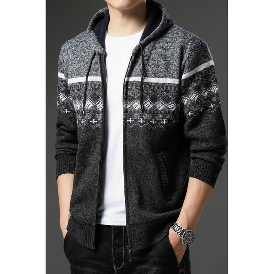 Herren Strick-Zip-Hoodie mit Norwegermuster, Kapuze und Eingrifftaschen Nord Taschen