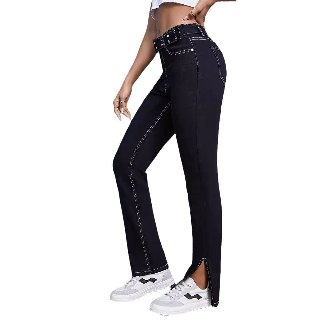 Damen High-Waist Straight-Jeans mit seitlichem Knöchelschlitz und Kontrastnaht Nord Taschen