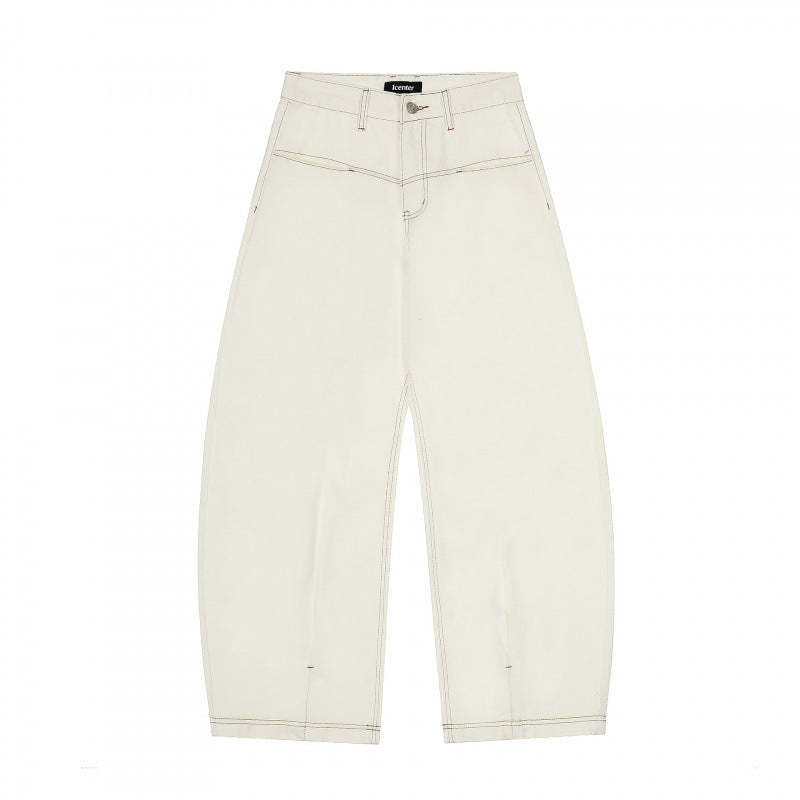 Damen Weite Cropped Ballon-Jeans mit hohem Bund und sichtbaren Kontrastnähten Nord Taschen