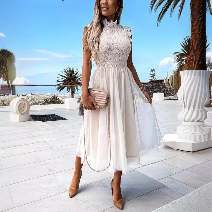 Damen Elegantes Spitzenkleid mit transparentem Rock und hohem Kragen