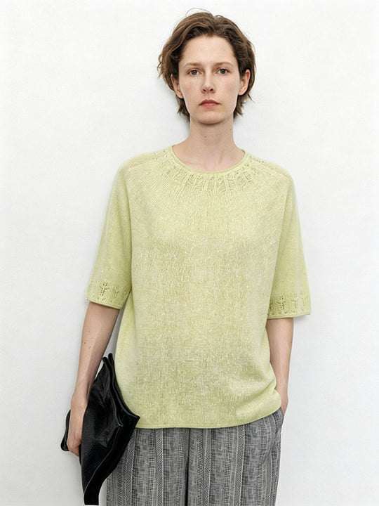 Damen Leichtes Feinstrick-Shirt mit halblangen Ärmeln, Rundhals und feinem Lochmuster Nord Taschen