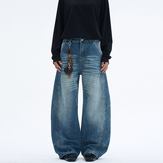 Damen Extraweite Denim-Palazzohose mit Paneelnähten und bodenlangem Saum Nord Taschen