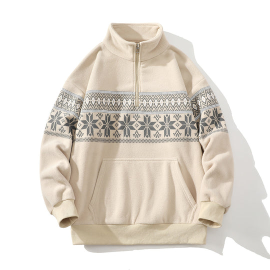 Unisex Norwegermuster-Fleecejacke mit Stehkragen, durchgehendem Reißverschluss und Kordelzug Nord Taschen