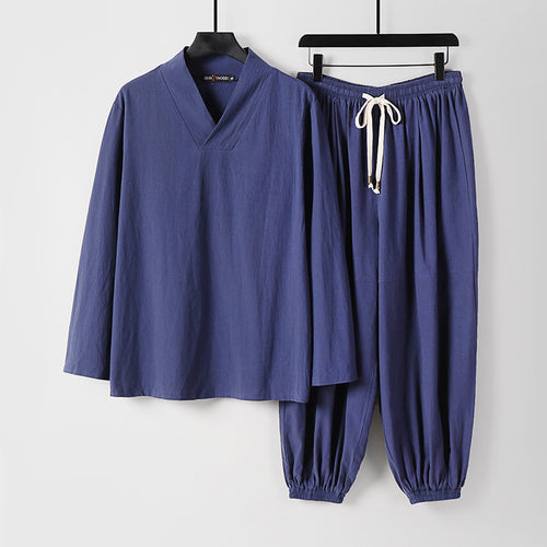 Herren Lockeres Leinen-Loungewear-Set mit V-Ausschnitt elastischem Bund und gerafften Knöcheln Nord Taschen