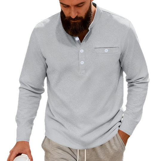 Herren Lässiges Henley-Langarmshirt mit Stehkragen, Brusttasche und abgerundetem Saum Nord Taschen