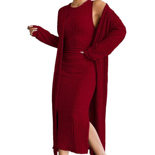 Damen geripptes Midikleid mit figurformendem Bustieroberteil hohem Seitenschlitz und passendem Longcardigan aus Feinstrick Nord Taschen