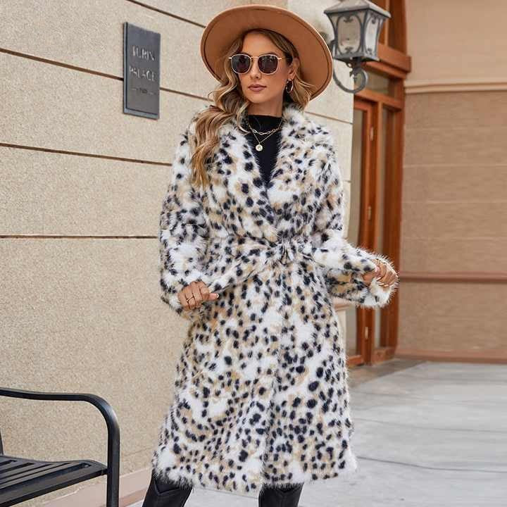 Damen Midi-Kunstpelzmantel mit Leopardenprint, tailliertem Bindegürtel und Schalkragen Nord Taschen