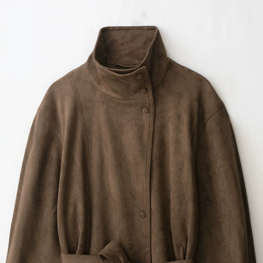 Damen Kurzjacke in Wildlederoptik mit hohem Funnelkragen und Bindegürtel Nord Taschen