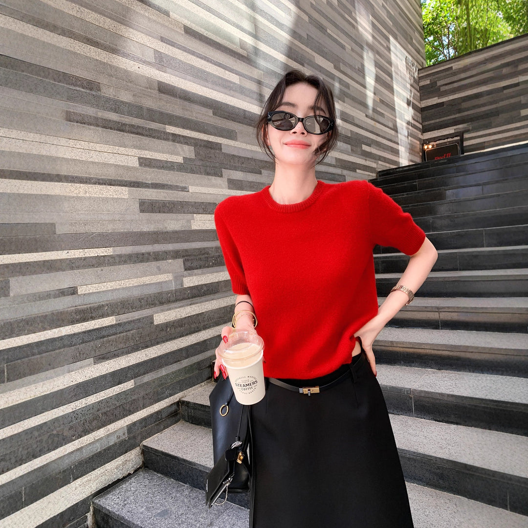 Damen Kurzarm-Feinstrickpullover mit Rundhalsausschnitt und schmaler Silhouette Nord Taschen