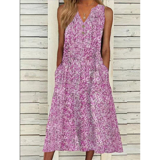 Damen Midi-Kleid mit tiefem V-Ausschnitt, Knopfdetails und praktischen Taschen