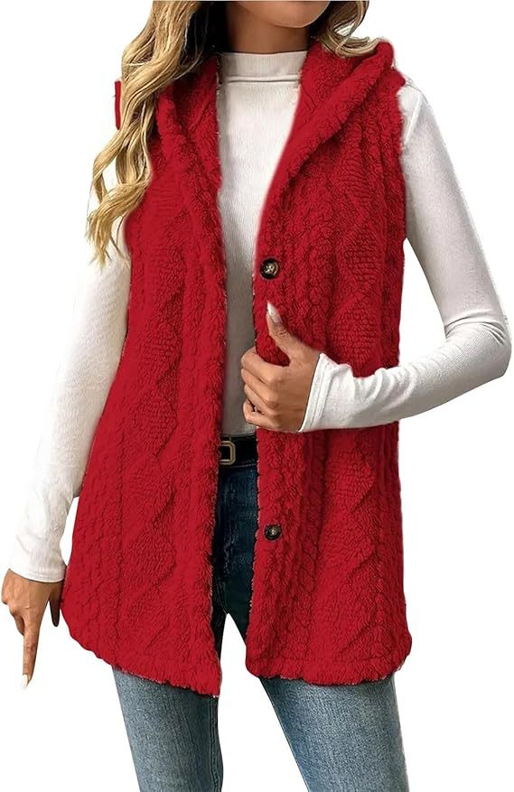 Damen Gefütterte Teddy-Weste mit Kapuze und Knopfverschluss Nord Taschen