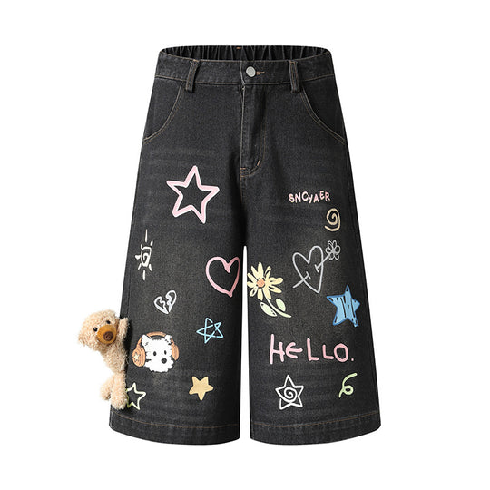 Damen Verspielte Denim-Culotte-Shorts mit hohem Komfortbund, Allover-Doodle-Print & Teddy-Anhänger Nord Taschen