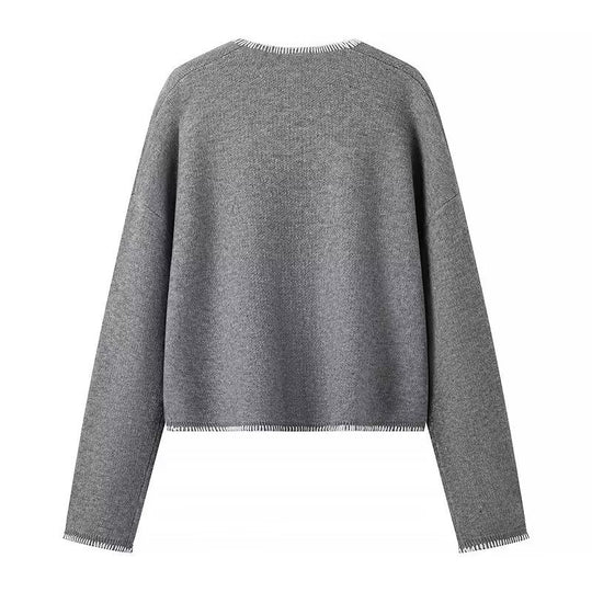 Damen Kurzer V-Ausschnitt Pullover mit Ziernähten und aufgesetzten Taschen Nord Taschen