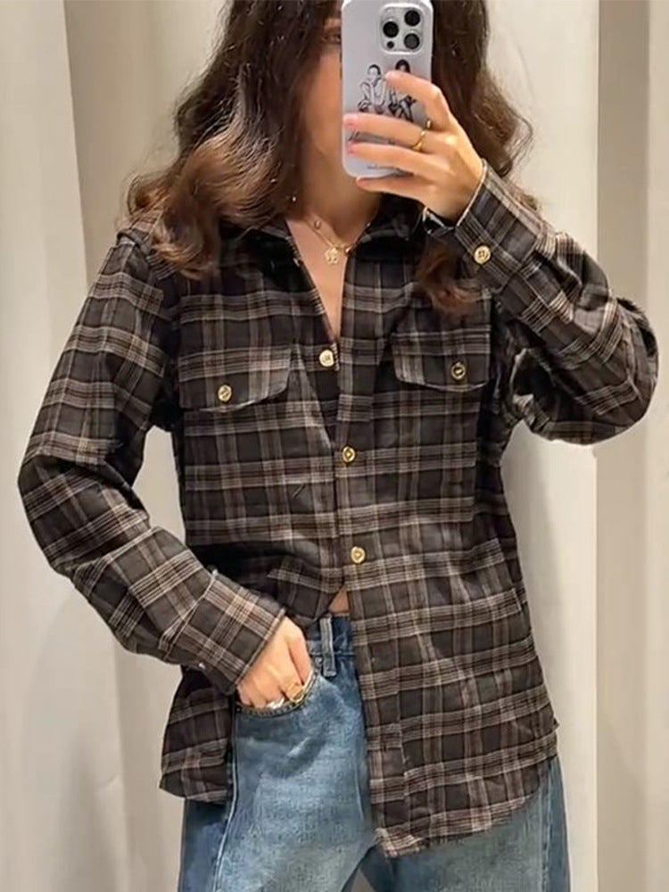 Damen Kariertes Overshirt mit Brusttaschen und goldenen Druckknöpfen Nord Taschen