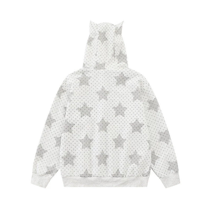 Damen Kapuzen‑Sweatjacke mit 3D‑Ohrenapplikationen, durchgehendem Reißverschluss und verspieltem Militär‑Illustrationsprint Nord Taschen