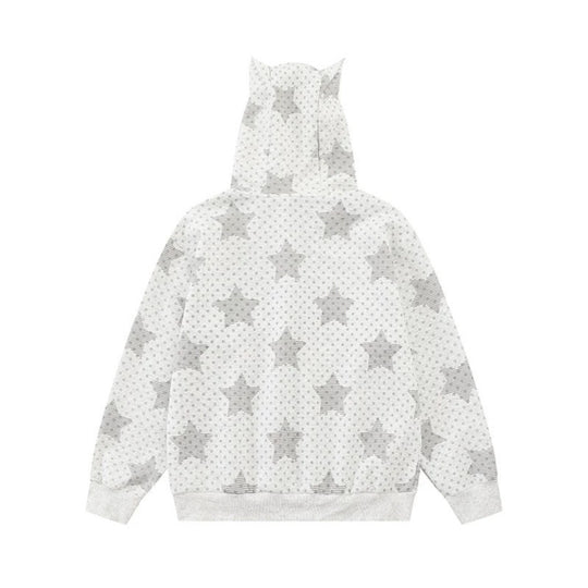 Damen Kapuzen‑Sweatjacke mit 3D‑Ohrenapplikationen, durchgehendem Reißverschluss und verspieltem Militär‑Illustrationsprint Nord Taschen
